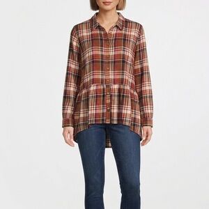 Truth Plaid Button-Down Peplum Shirt - Red and Brown